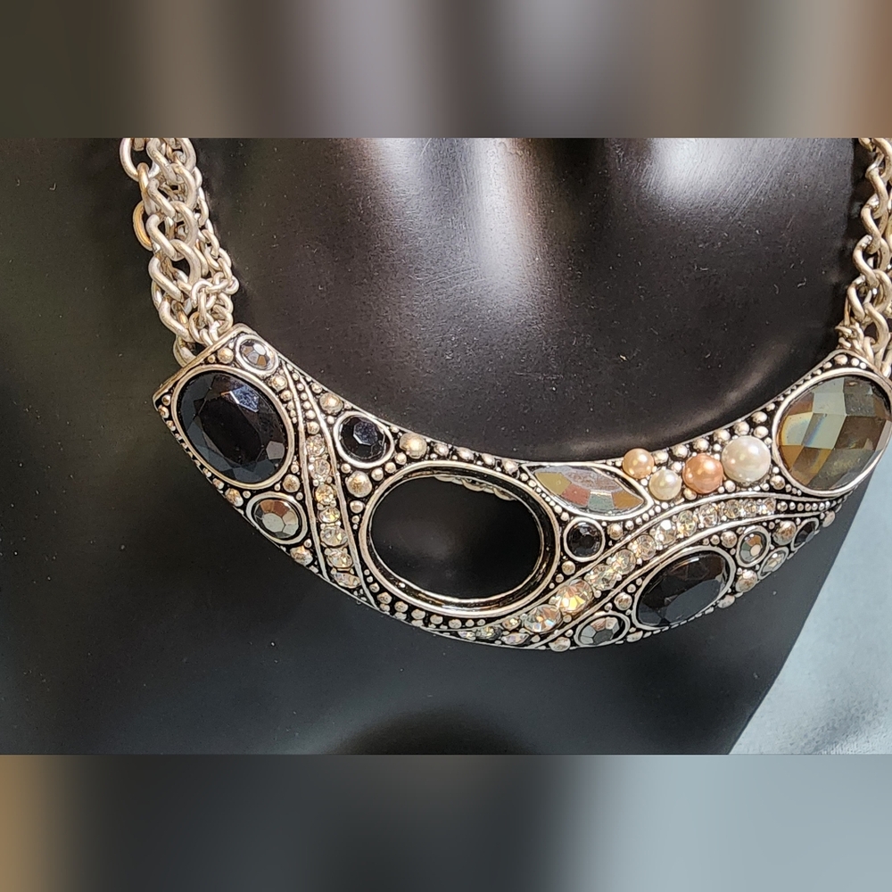 Statement Silver-Tone Black & Pearl Beaded Collar Necklace